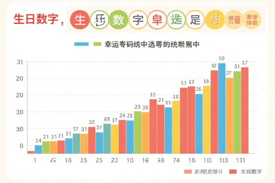 展示生日数字和幸运号码在选号统计图表中的分布,比如柱状图显示1-31号被频繁选中